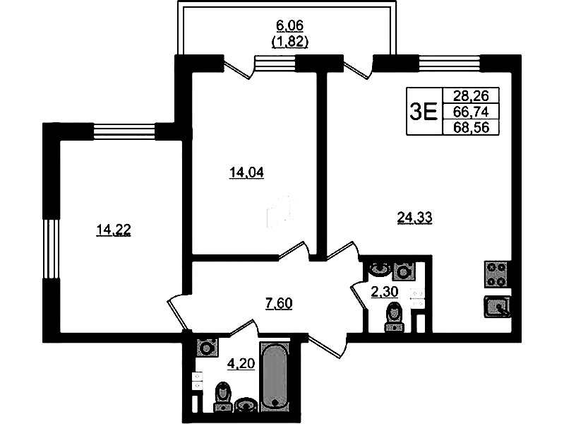 2-комнатная квартира 68.56 м², 3/4 эт., ЖК «Новая история»